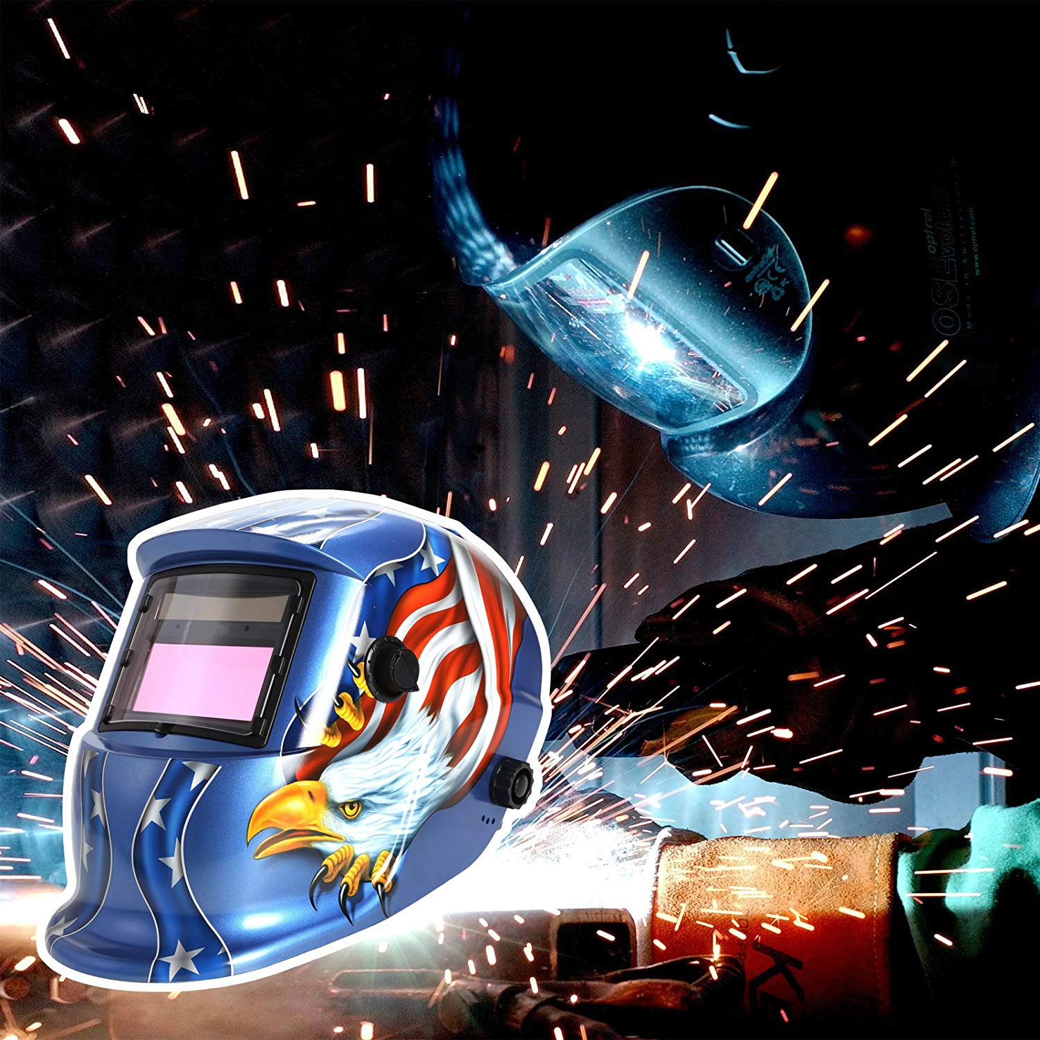 Solar Powered Welding Helmet Auto Darkening Hood with Adjustable Shade Range for Mig Tig Arc Welder Mask Blue Eagle Printing