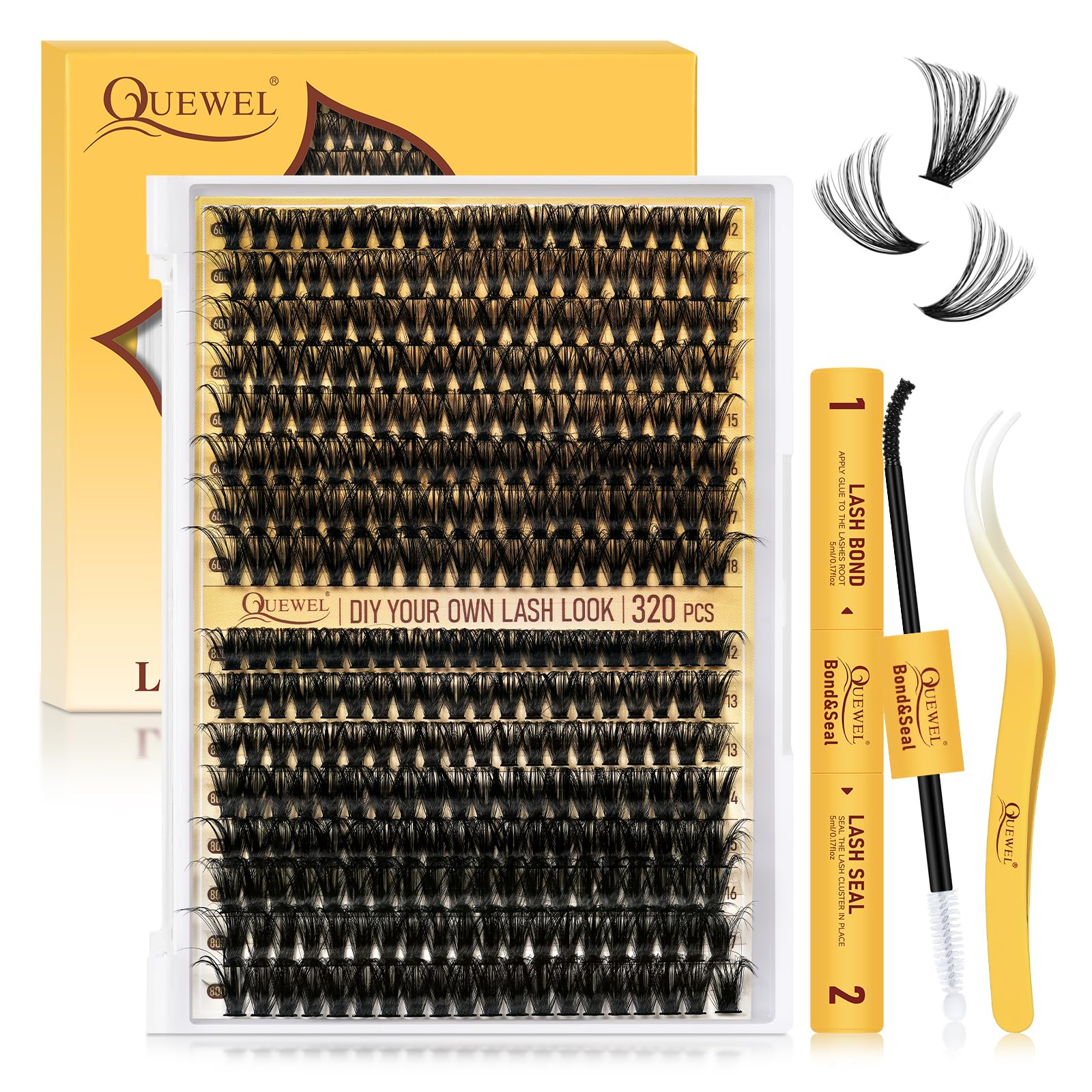 Lash-Extension Kit QUEWEL Cluster Lashes 320Pcs 60D+80D Mix 12-18mm Cluster-Lashes with Lash Bond and Seal and Lash Tweezer, Easily Create Thick and Charming Eyes at Home(60D+80D D MIX12-18 Kit) — image 1