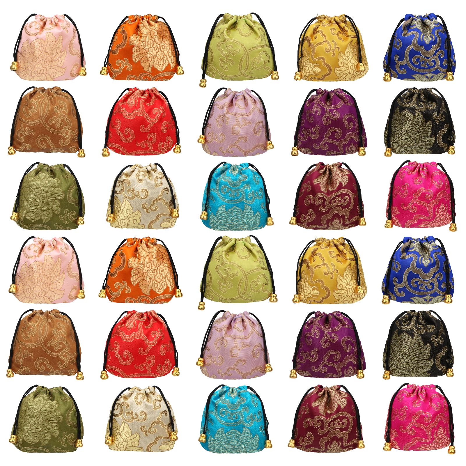 kilofly Chinese Silk Brocade Drawstring Jewelry Pouch Bag Value Set, 30 pcs