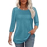 OFEEFAN Womens Tops 3/4 Length Sleeve Blouses Dressy Casual Spring Summer Fall Outfits Pleated Front T Shirts Curved Hem
