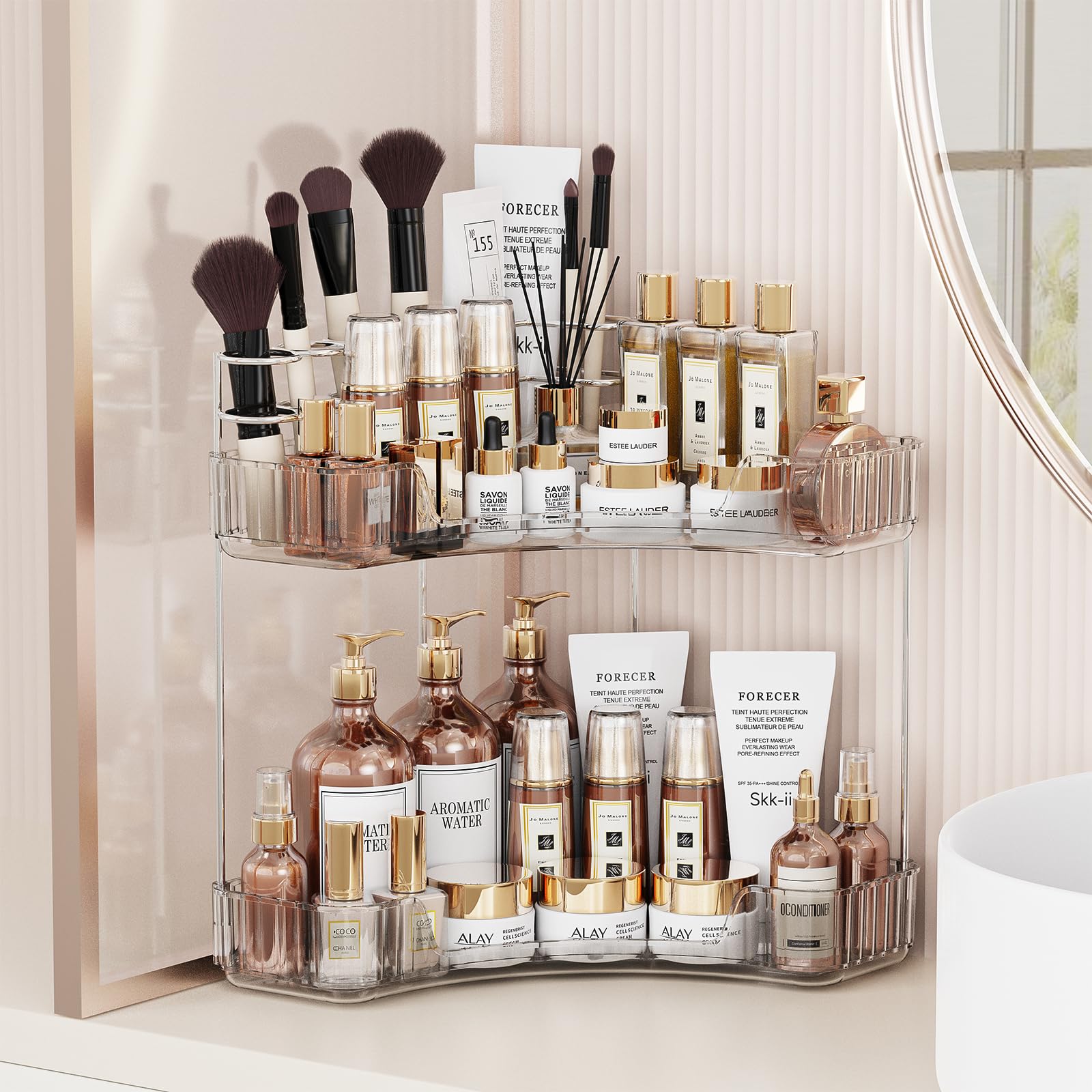 Photo 1 of **USED** INCOMPLETE** Asayuee 2-Tier Corner Bathroom Counter Organizer with Top Toothbrush Holders,Large Makeup Organizer Countertop with Brush Holder,Skincare Organizers Corner,Exquisite Vanity Organizer(Clear, 2 Tier)