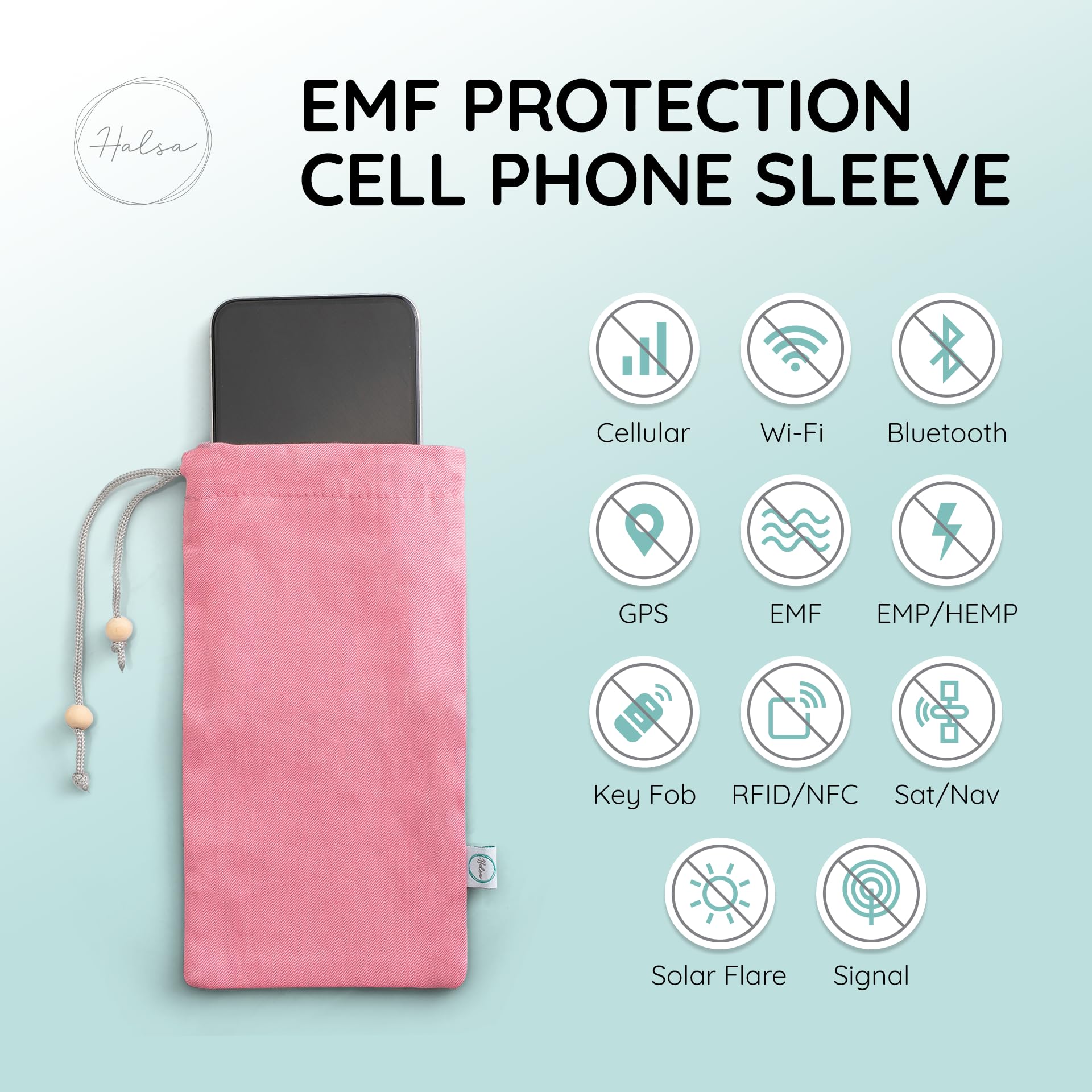 Halsa EMF Cell Phone Sleeve, High-Shield EMF Blocking Pouch, Signal Blocking Anti-EMP Radiation Bag for Digital Privacy Protection, Fits Most Phones, Pink (4x8 Inch)
