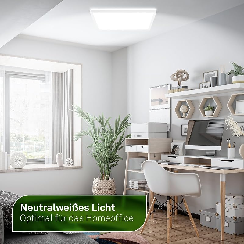 - LED Deckenlampe mit EEK A Lichtquelle, 14W, 3000lm, flach, indirektes Licht, Lampe, Deckenleuchte, Wohnzimmerlampe, LED Panel, Küchenlampe, Flur, 42x42x3 cm, Weiß