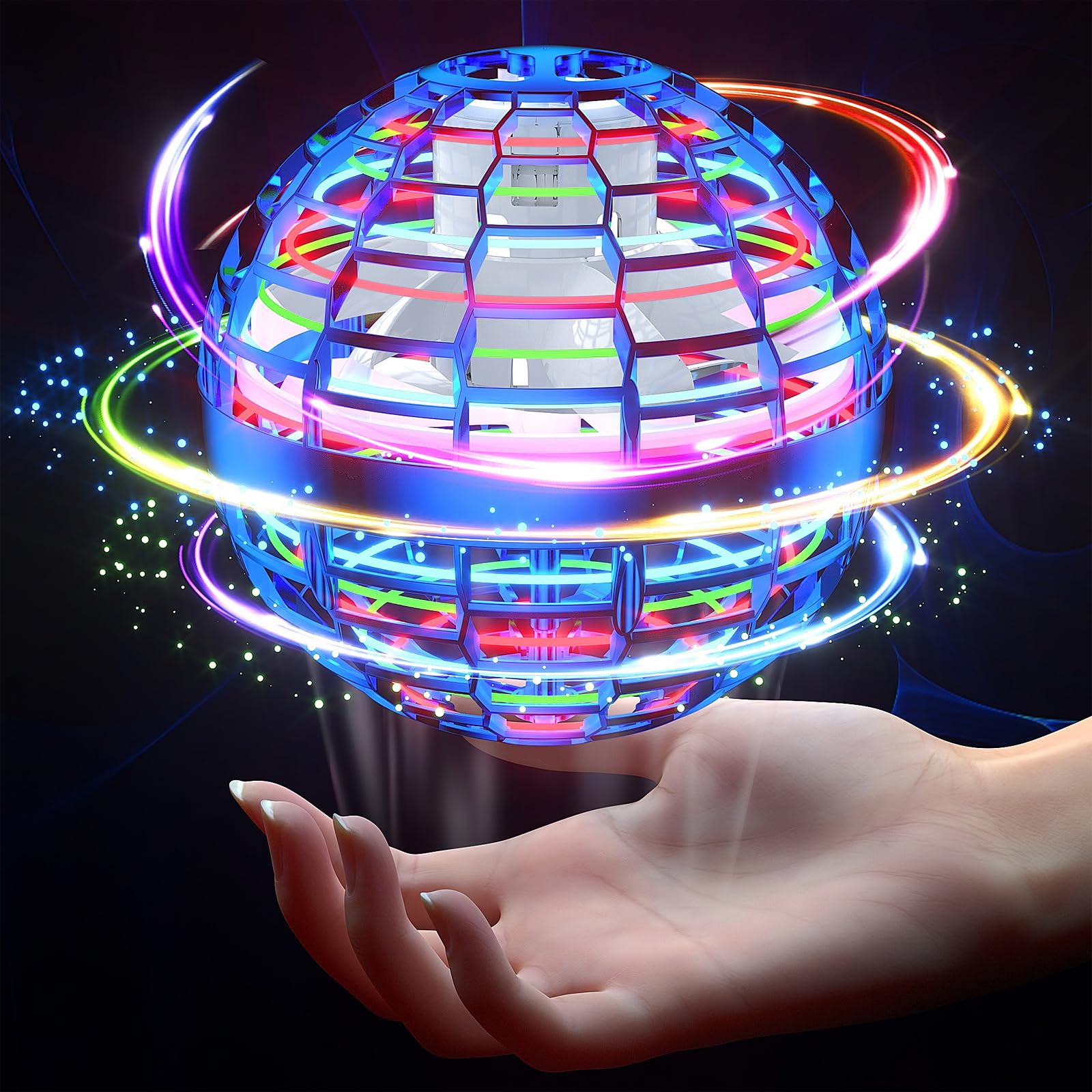 Photo 1 of PITKLG Flying Ball Toys 2024 Upgraded Hand Controlled Flying Orb RGB Led Lights Boomerang Spinner 360°Rotating Soaring UFO Mini Drone Toy Safe for Kids Adults(Blue)