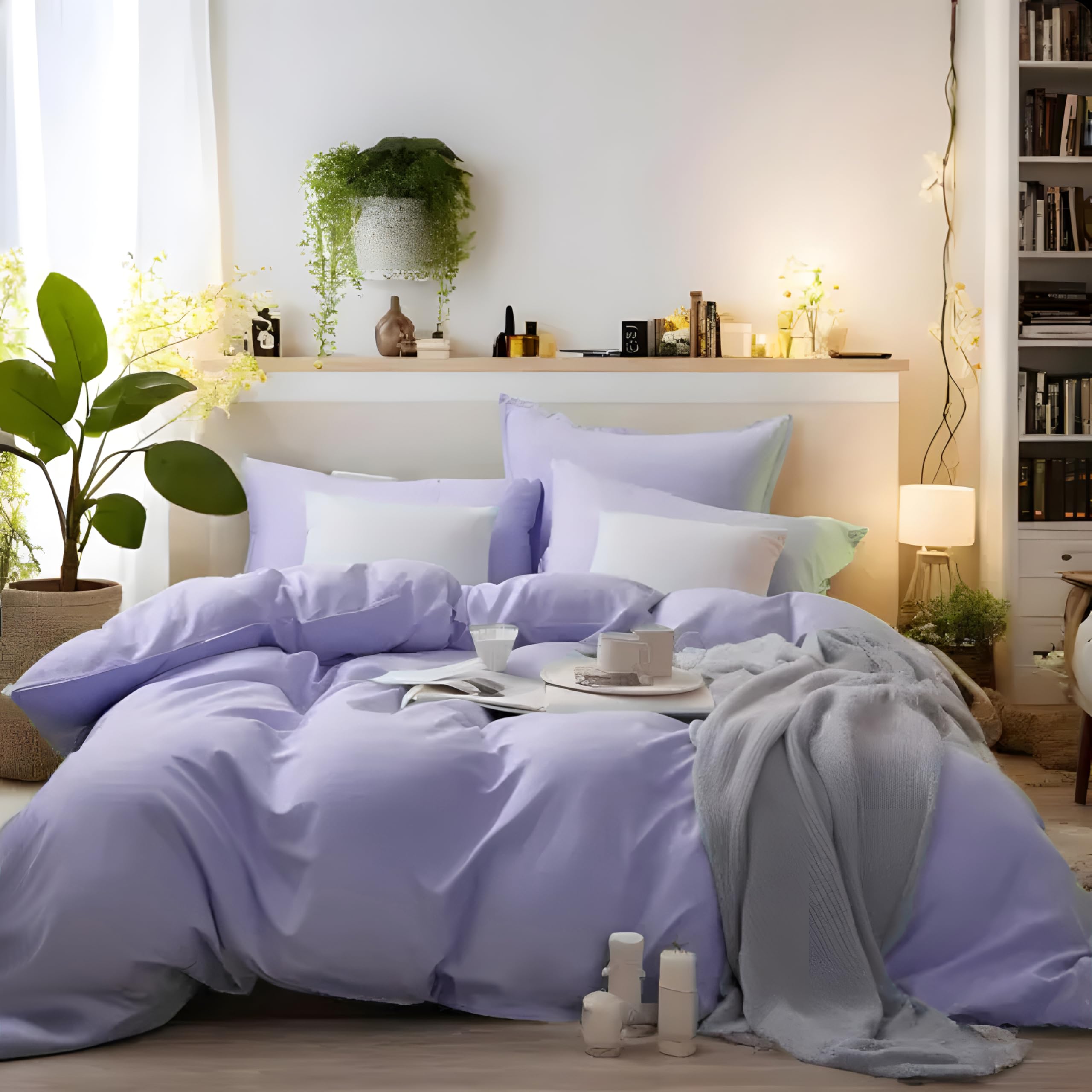 MOHAP Bedding Double Duvet Cover Set 3 PCS Plain Brushed Microfiber Bedding 1 Duvet Cover with 2 Zippers and 2 Pillowcases Light Lavender