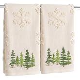 2 Pack Christmas tree Hand Towels 100% Cotton Jacquard snowflake Embroidered Pine Trees holiday Kitchen dish Towels Retro Neutral Beige Bathroom Towels Set gift Seasonal Xmas Winter Bathroom Decor