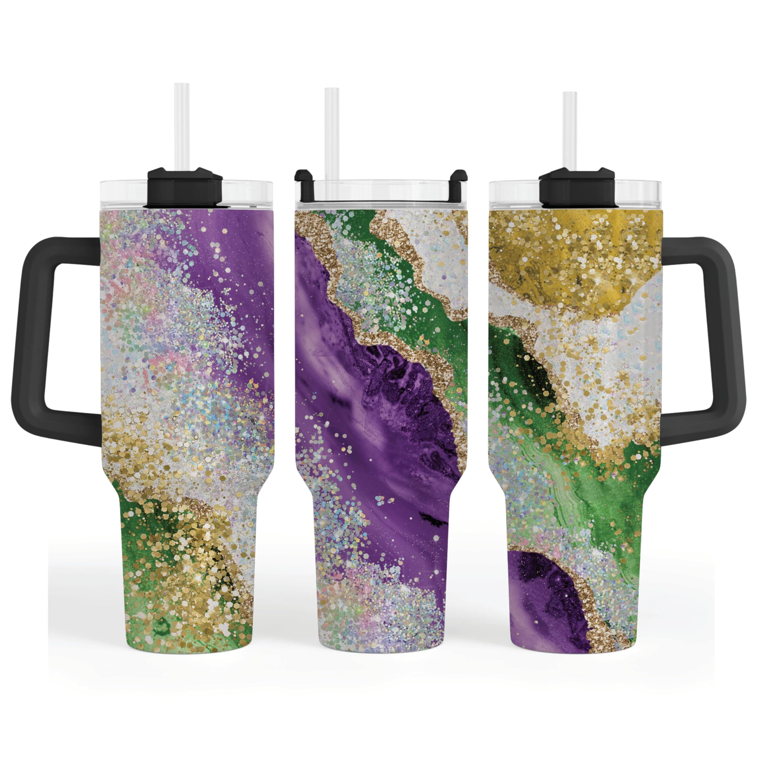 Photo 1 of 1 pc. Forever Personalized Mardi Gras 40oz Tumbler With Handle and straw | Mardi Gras Tumblers | 40OZ Tumblers Purple Green Gold Glitter Effect Marble | Mardi Gras Gifts