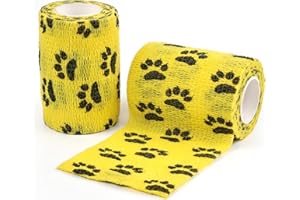 AUPCON Vet Wrap Cohesive Bandages Bulk Self Adhesive Bandage Wrap Self Adherent Wrap Non-Woven for Dogs Pet Animals & Ankle Sprains & Swelling 3 Inch x 5 Yards (2 Pack Yellow Paws)
