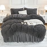 Andency Dark Grey Queen Comforter Set, 3 Pieces Fluffy Faux Fur Warm Soft Fuzzy Plush Gray Bedding Comforter Set, Thick Heavy Puffy Comfy Bedding Sets