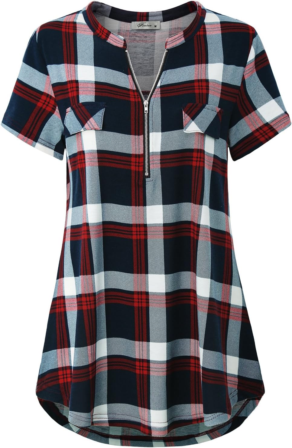 JCZHWQUWomen's Zip Up V Neck Short Sleeve Casual Tunic Shirt