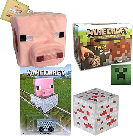 Amazon Minecraft Explore Pack Mine キャラクター ブタのぬいぐるみ ソフトぬいぐるみゲームギア 8ビットバンドル クリーパーステッカー ブロックレッドストーンライトアップ鉱物キューブ マインカート3アイテム ぬいぐるみ おもちゃ