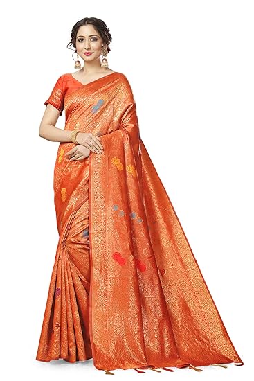 Divaastha Orange Lichi Silk Floral Print Saree with Blouse Piece (APP004ORANGE)