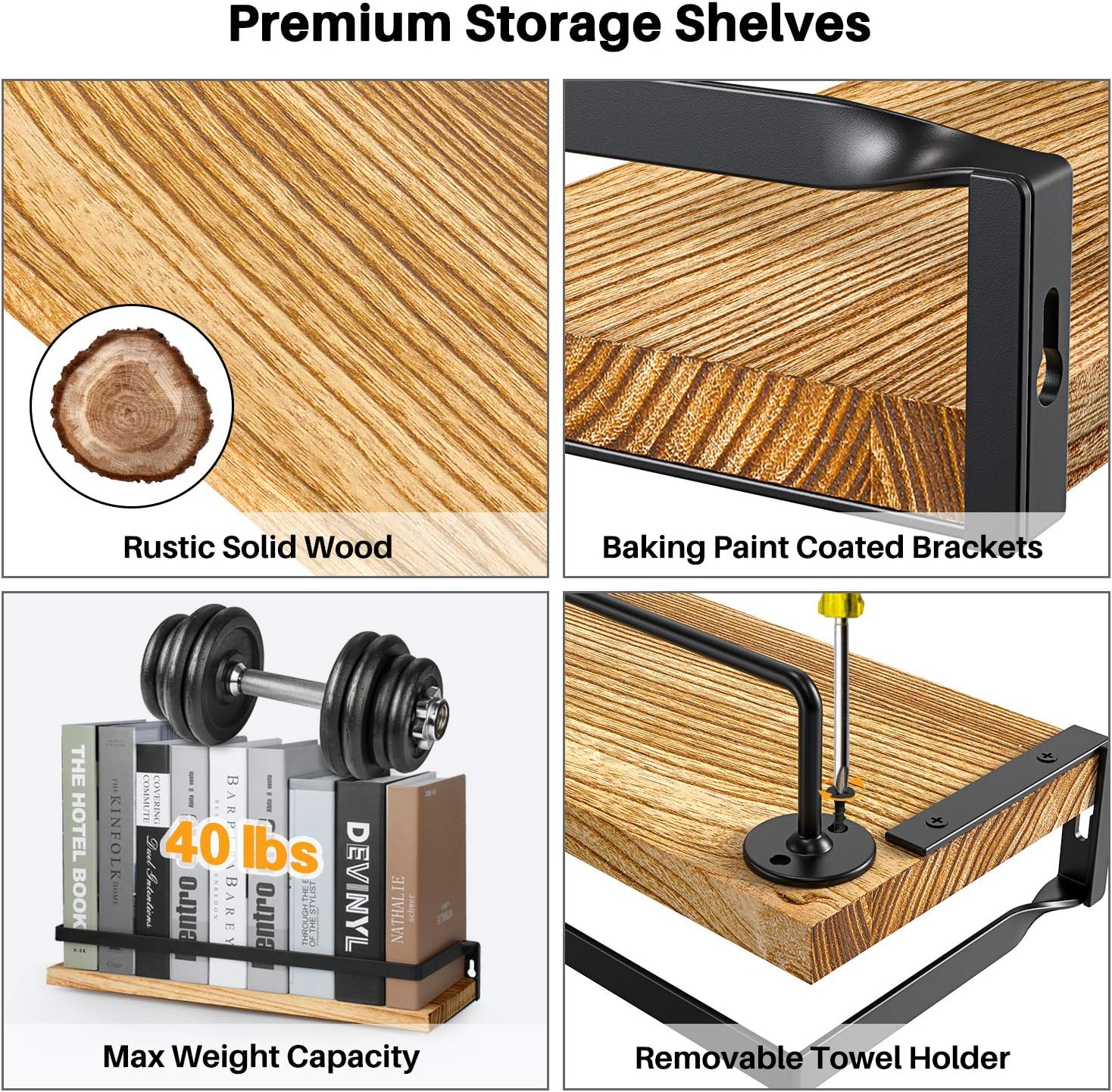Amada Rustic Floating Shelves Wall Mounted, Solid Paulownia Wood Set of 2 for Kitchen, Bathroom, and Bedroom, Decorative Storage Shelf with Removable Towel Holder, Strong Black Metal Frame: Furniture & Decor
