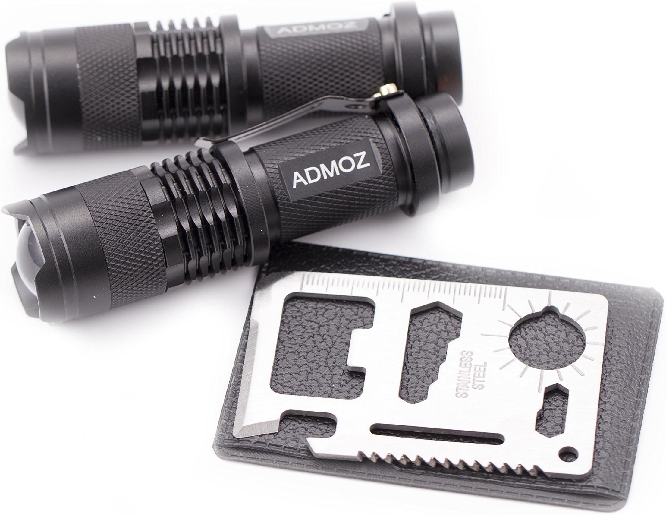 2-Pack-Portable Tactical LED Flashlight,Pocket Survival Tool - 11 in 1 Stainless Steel Credit Card Pocket Sized Survival Multi tool (Battery not included)