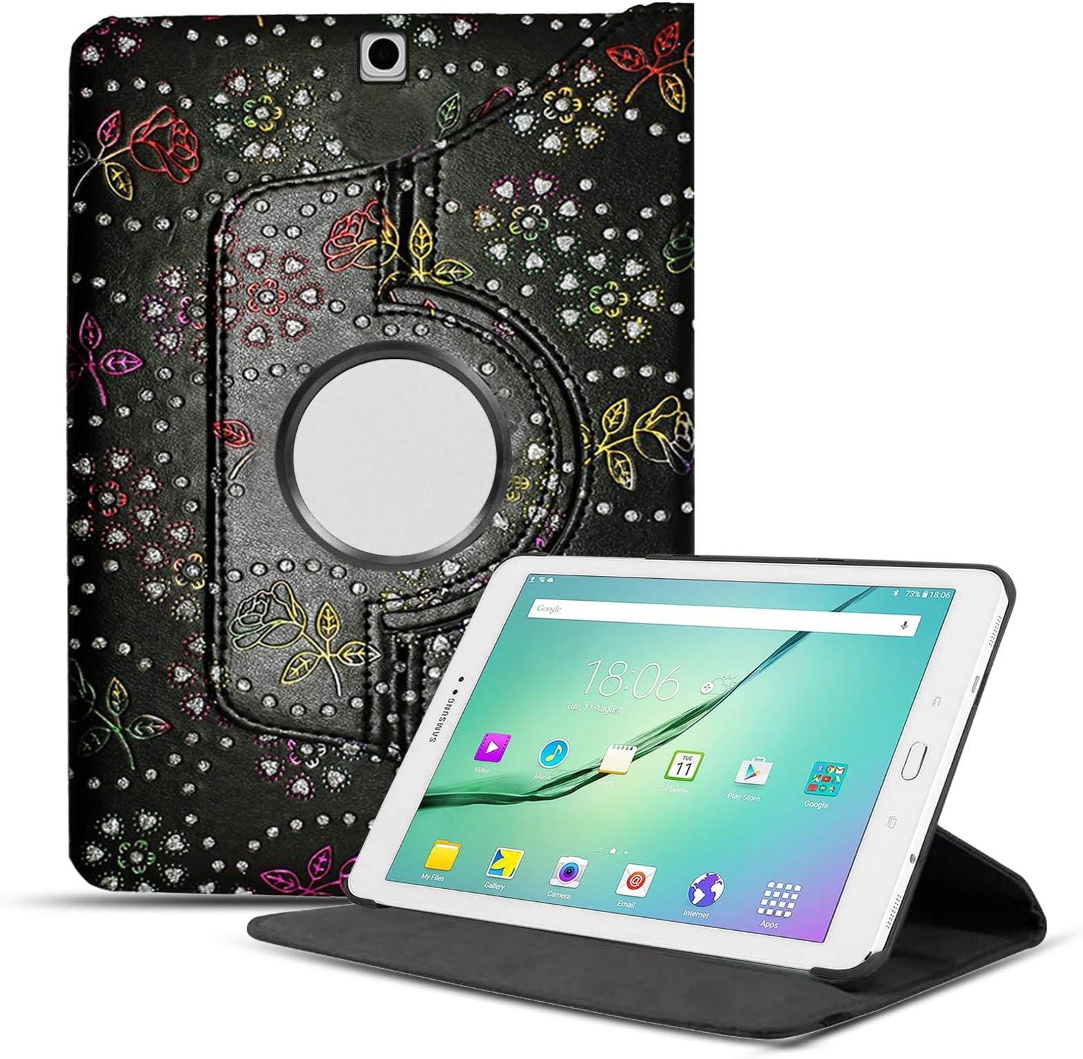 Samsung Galaxy Tab S2 9.7 Inch Case - 360 Degree Rotating Stand Leather Flip Case Protective Cover for Samsung Galaxy Tab S2 9.7 T810 T815 (Rose On Black Diamond)