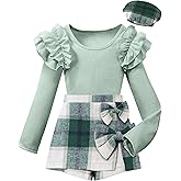 Hevemexy Girls Clothes Ruffle Sleeve T-shirt Top and Bowtie Plaid Skort Set with Hat 3PCS Girls Fall Outfits