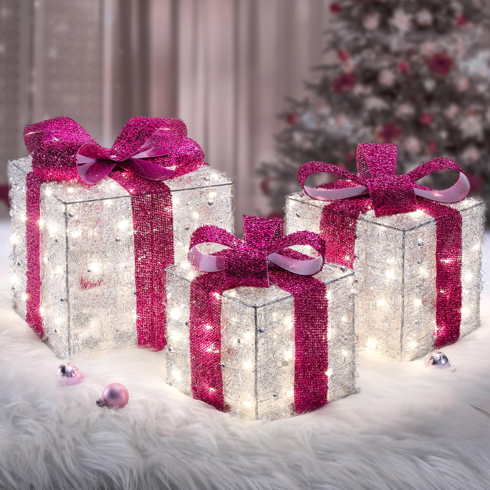 Quntis Light up Present Boxes Christmas 140 LEDs, Set of 3 Christmas Lighted Gift Boxes with 8 Modes and Timer, Plug in Pink Christmas Decorations, Light up Xmas Decorations for Indoor Outdoor