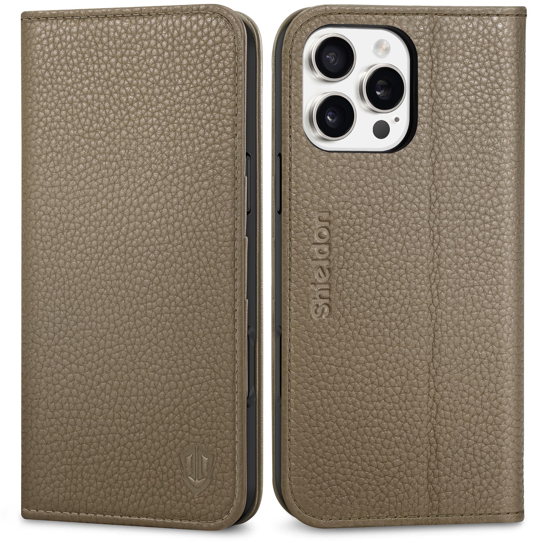 SHIELDON Wallet Case for iPhone 16 Pro Max, Genuine Leather Folio [3 Card Slots][Kickstand][RFID Blocking] Shockproof Magnetic Folding Book Cover Compatible with iPhone 16 Pro Max - Pebbled Khaki