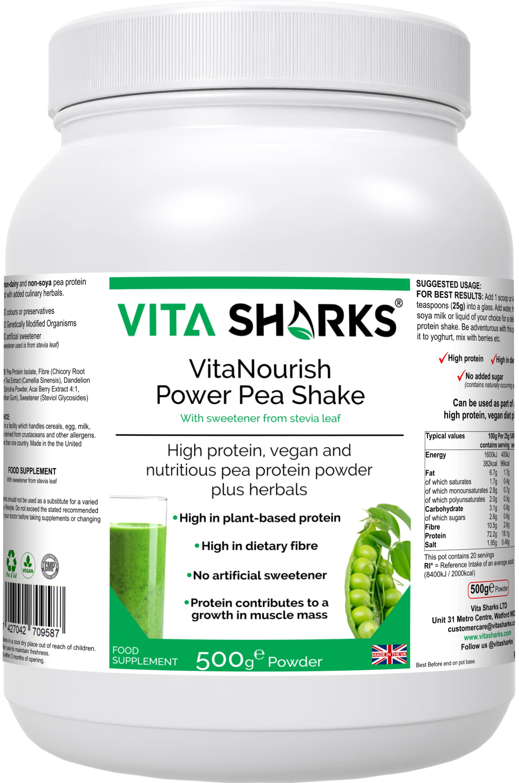 VitaNourish Power Pea Shake - Vegan Alternative High Protein, High Fibre Powder Shake to Increase Muscle Mass, Support Immune Function & Control Appetite - Kosher