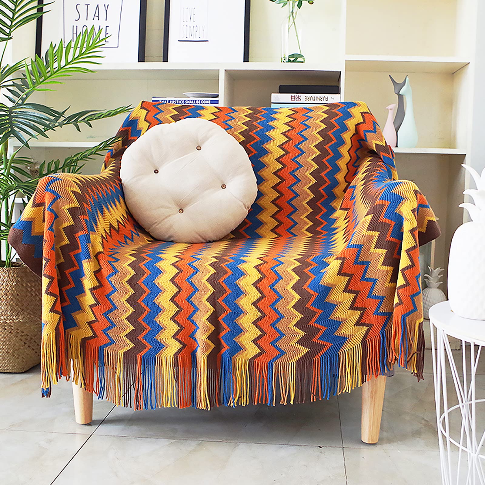 LumiSyne Knitted Throw Blanket Tassels Houndstooth Bohemian Check Soft Cozy Woven Blanket Sofa Throws Warm Armchair Cover Decorative Blanket For Couch Bed Settee 170x130cm