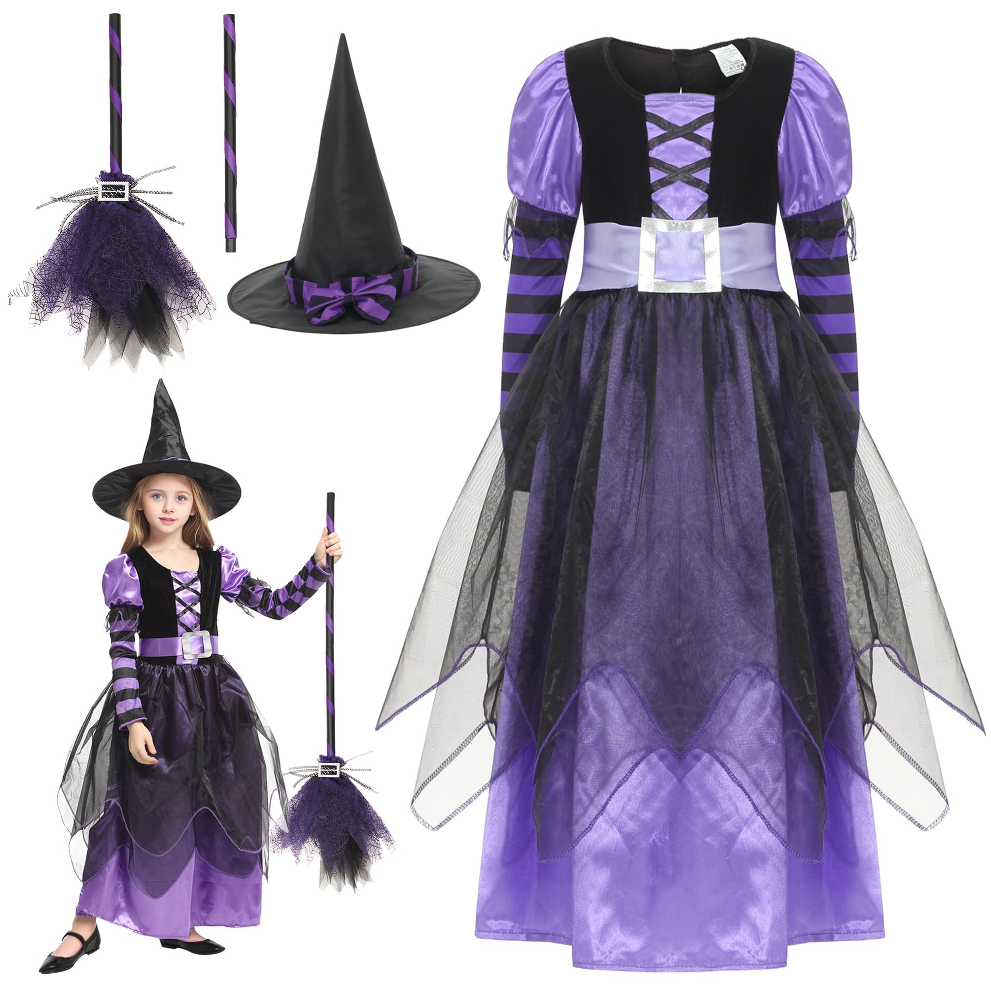GEMVIE Girls Halloween Witch Costumes Fancy Dress Party Witch Princess Dress with Witch Hat Carnival Cosplay Costume with Broom