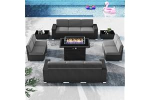 Vakollia 13 Pieces Patio Furniture Set with 44" Propane Gas Fire Pit Table, Outdoor Sectional Wicker Conversation Sofa Sets with Coffee Table