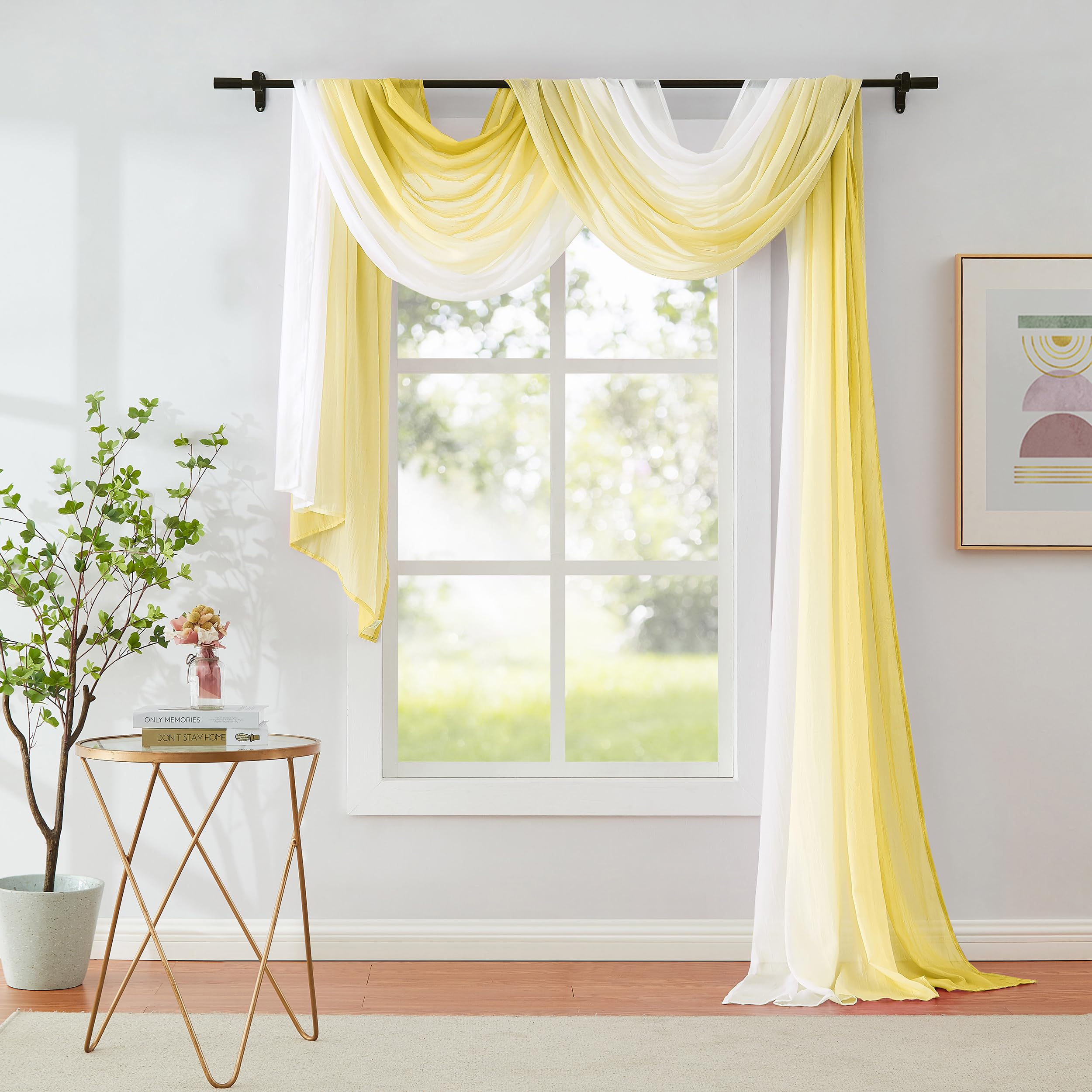 Photo 1 of 1 Piece Ombre Chiffon Sheer Window Scarf Valance Curtain 18ft for Living Room Bedroom Decor, 216 Inch Long Crinkle Soft Window Sheer Voile Valance for Holiday, Wedding Party Decor, Yellow, 52"W