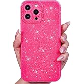 Svanove for iPhone 16 Pro Max Case Glitter, Sparkly Girly Cute Bling Sparkle Shiny Shimmer Bright Phone Case for Women, Glittery Thin Slim Jelly Soft Silicone Rubber Gel Plastic Cover, Neon Hot Pink