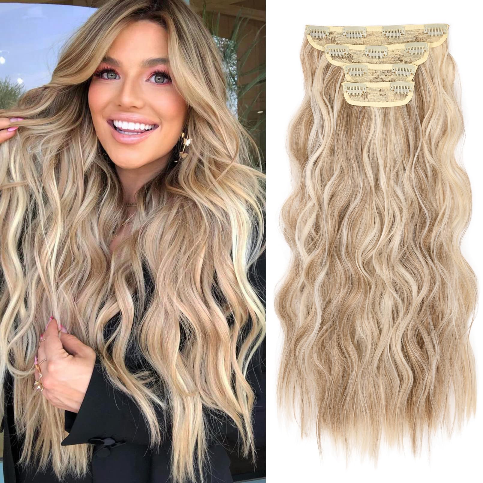 Photo 1 of REECHO Hair Extensions, 20 Inch 4PCS Synthetic Fiber Clip in Hair Extensions Natural Soft Hairpieces for Women, Dark Blonde with Highlights
