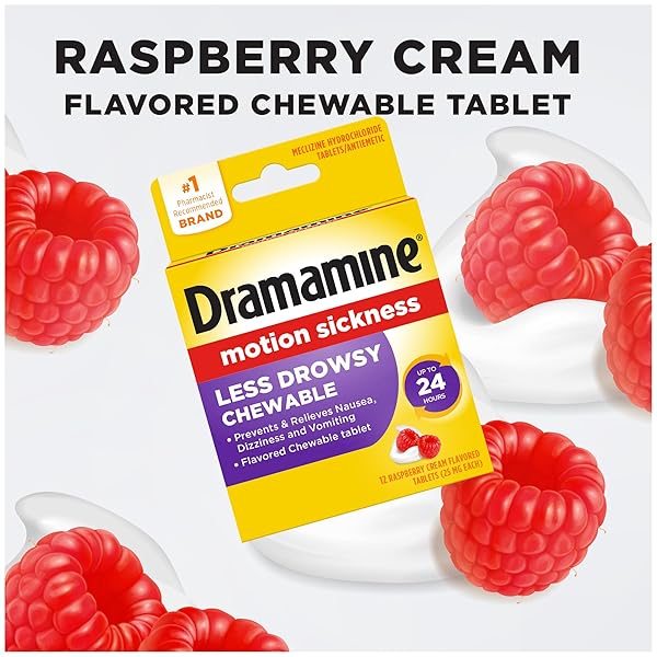 DRAMAMINE CHEWABLE LESS DROWSY, MOTION SICKNESS RELIEF, RASPBERRY CREAM FLAVOR, 12 COUNT, 2 PACK