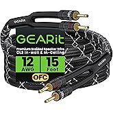 GearIT 12AWG Speaker Cable Wire with Gold-Plated Banana Tip Plugs (15 Feet) In-Wall CL2 Rated, Heavy Duty Braided, 99.9% Oxygen-Free Copper (OFC) - Black, 15ft