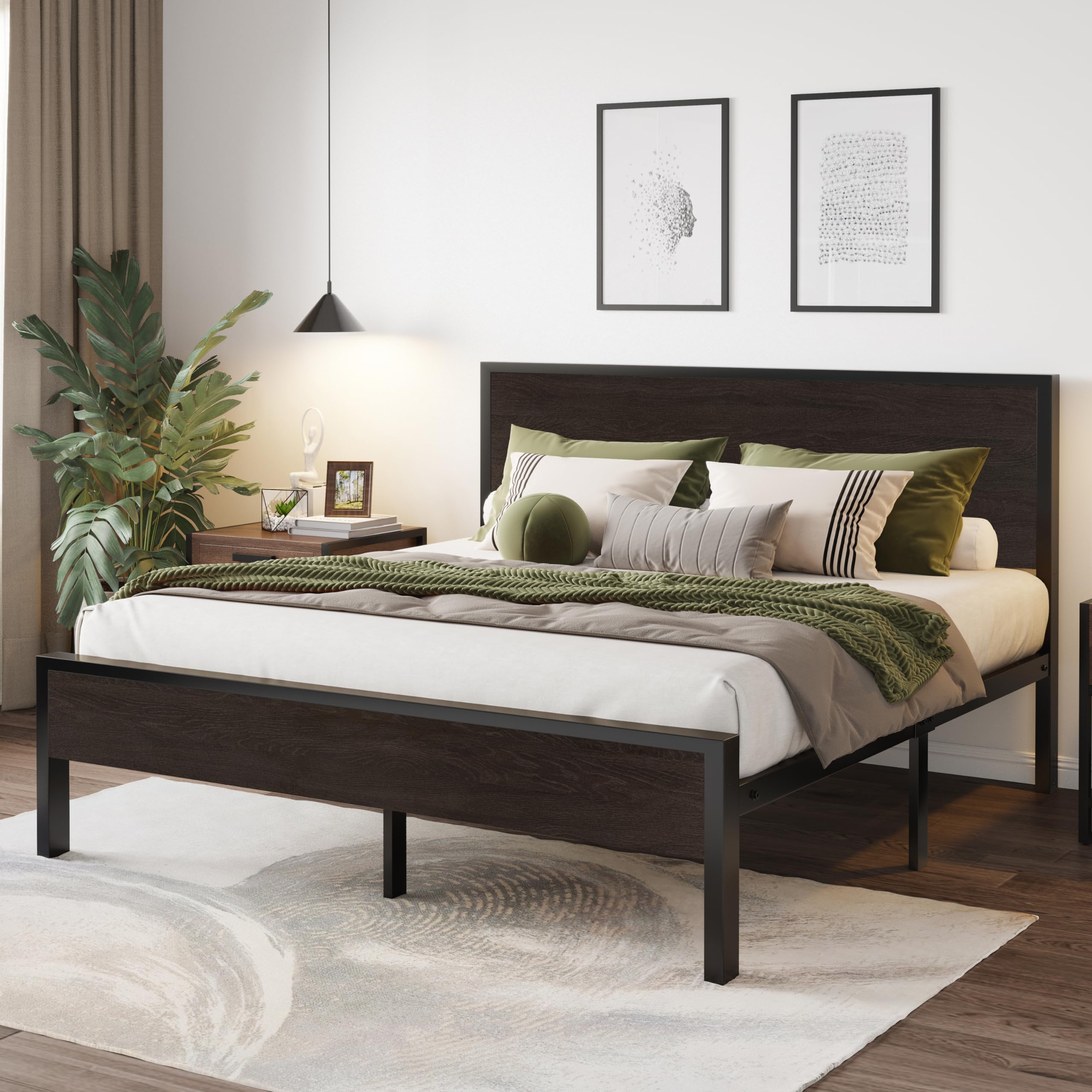 SHA CERLIN Full Bed Frame with Headboard, Heavy Duty Platform Base with Under-Bed Storage, Solid Metal Construction, No Box Spring Needed, Easy Assembly, Black Oak Image