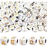 MIIIM 500pcs Vowel Pony Letter Beads for Keychains Making (A, E, I, O, U), 6x6mm Large Hole Square Letter Beads for Bracelets Making, Alphabets, Numbers (White and Golden)