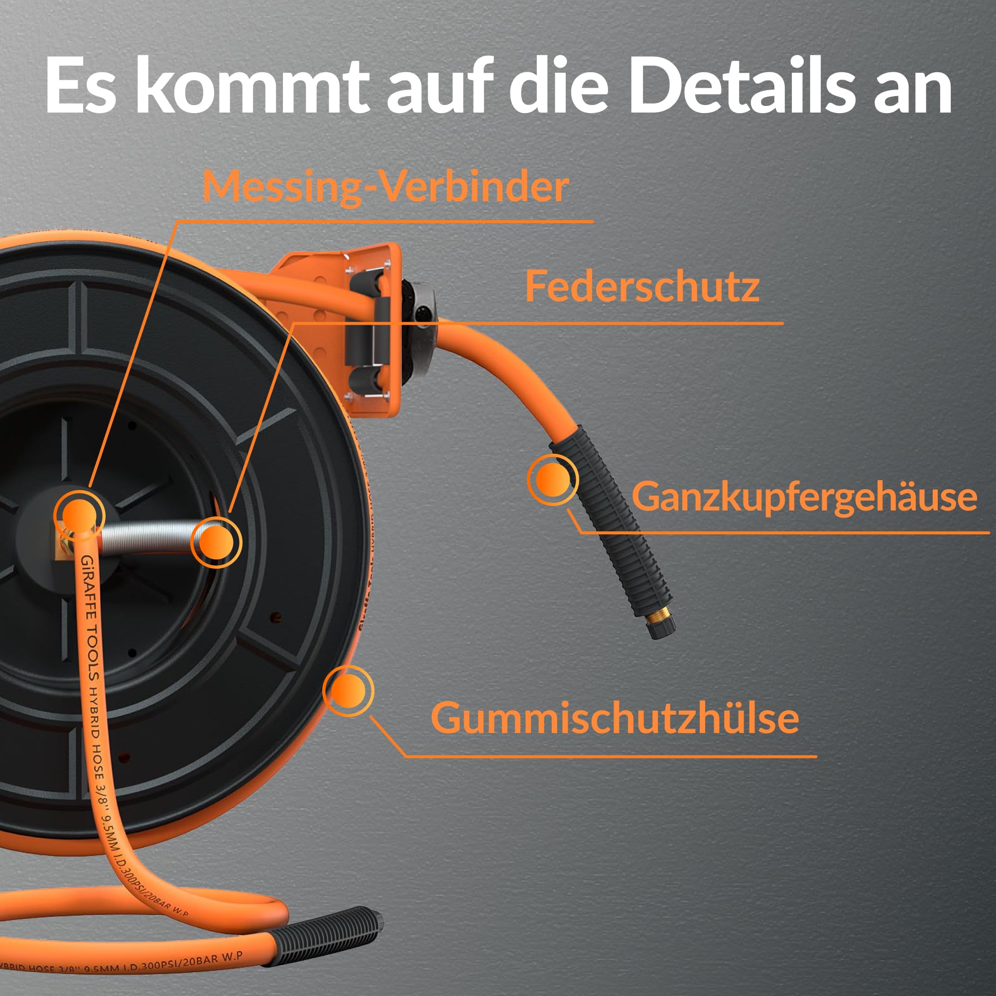 Giraffe Tools Automatik Druckluftschlauchtrommel 15M-Robuster Aufroller mit 1/4" Anschluss&3/8" Schlauch (Ø9,5mm) max 300PSI für Werkstatt und Garage-Plus Version mit 180°Schwenkbracket und Zubehörset 8