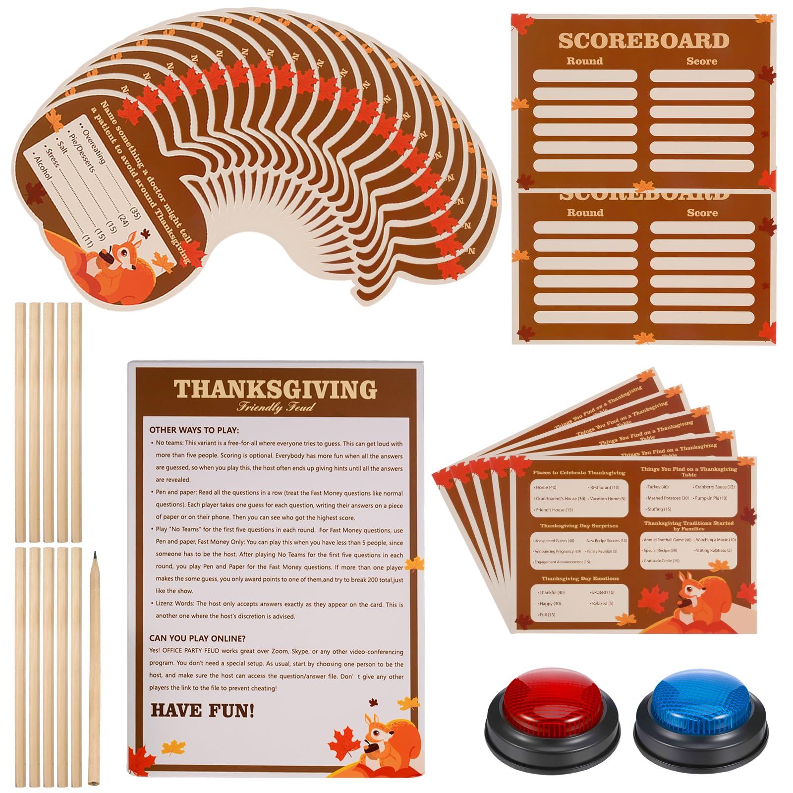 Photo 1 of (missing pieces) POTPTPT 40pcs Thanksgiving Friendly Feud Game Set with 2 Answer Buzzers Parties Trivia Cards, Rules Stand