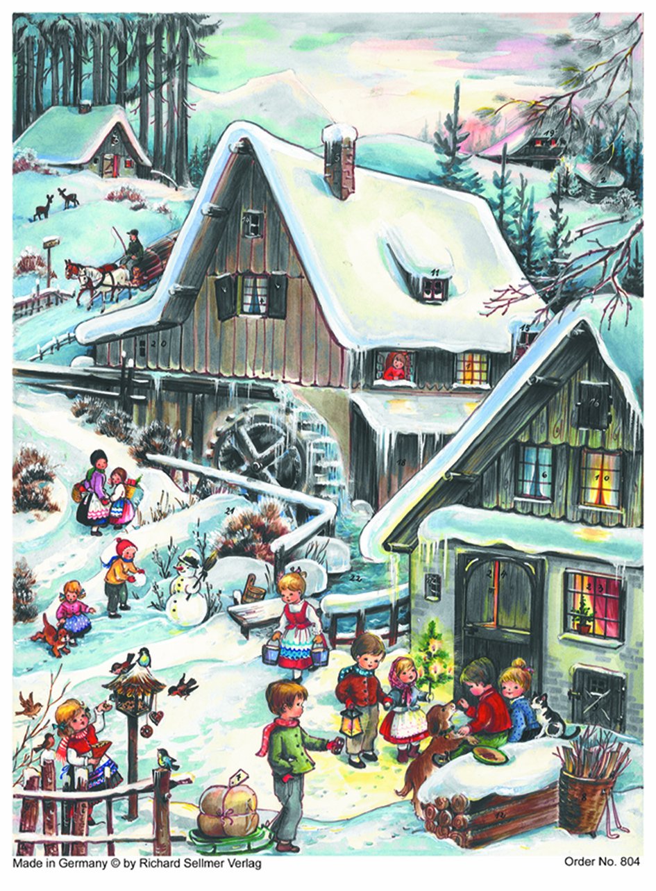 Advent Calendar 24 Doors 297 x 210 mm - Snow Scene Traditional Village - with Glitter and Translucent Windows - RS804 - Traditional Antique German Design