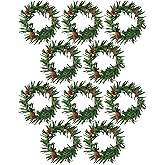 Mini Christmas Wreaths 10 Pack Plain Small Wreath for Kitchen Cabinet Window Indoor Decorations Holiday Mini Pine Wreath Ornaments with Red Berries 1.8 Inch