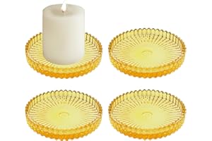 ECHFSM Set of 4 Candle Plate 3.8 Inch Glass Candle Holders for Pillar Candles Candle Coaster Holder Round Candle Stand for Table Centerpieces, Wedding,Party,and Home Decor (4, Yellow)