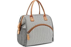 FlowFly Insulated Lunch Bag Wide-Open Lunch Box Large Tote Leakproof Cooler with Drink Holder and Multi Pockets for Women Men Adult Kids Work Picnic Travel Beach Hiking, White Black Stripes