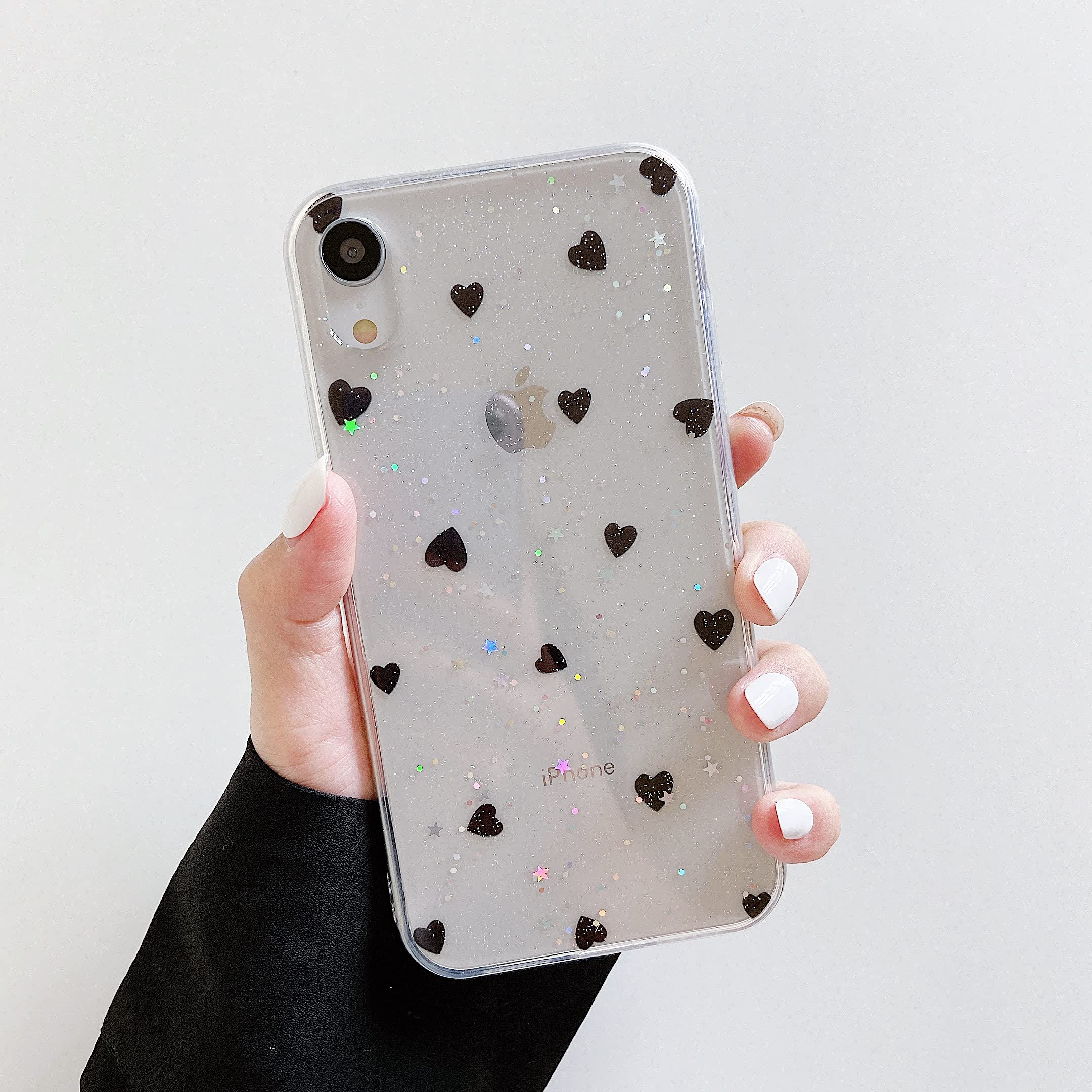 DEFBSC for iPhone XR Case,Clear Glitter TPU Case Love-Heart Shape Design Transparent Shockproof Protective Phone Case for iPhone XR - Black