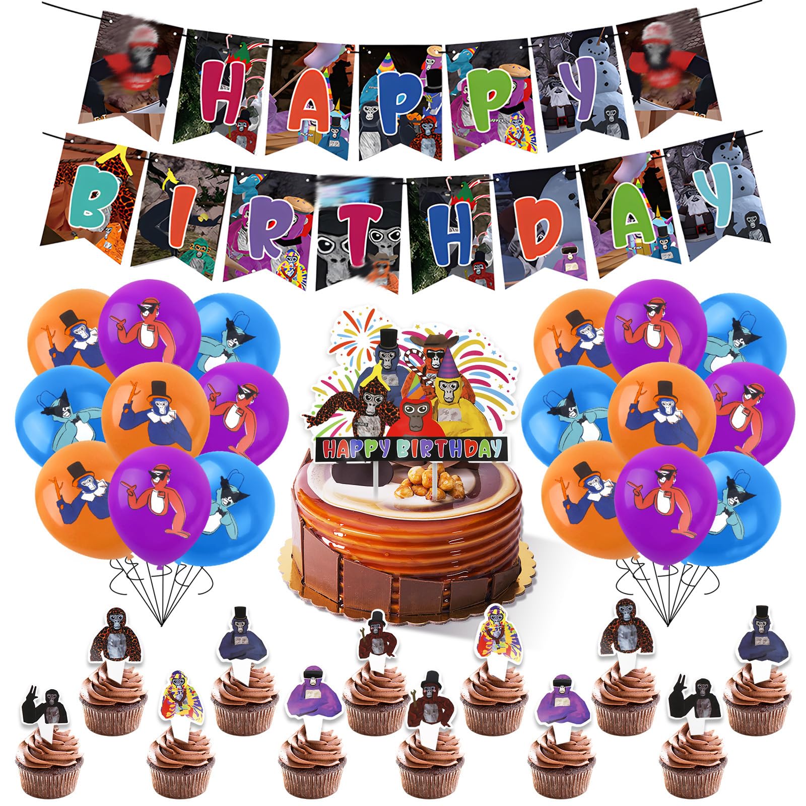 Gorilla Birthday Decorations, 44Pcs Party Balloon Decorations, Cartoon Theme Party Supplies for Kids Boys Girls, Include Banner, Balloons, Cake Topper, Cupcake Toppers — image 1