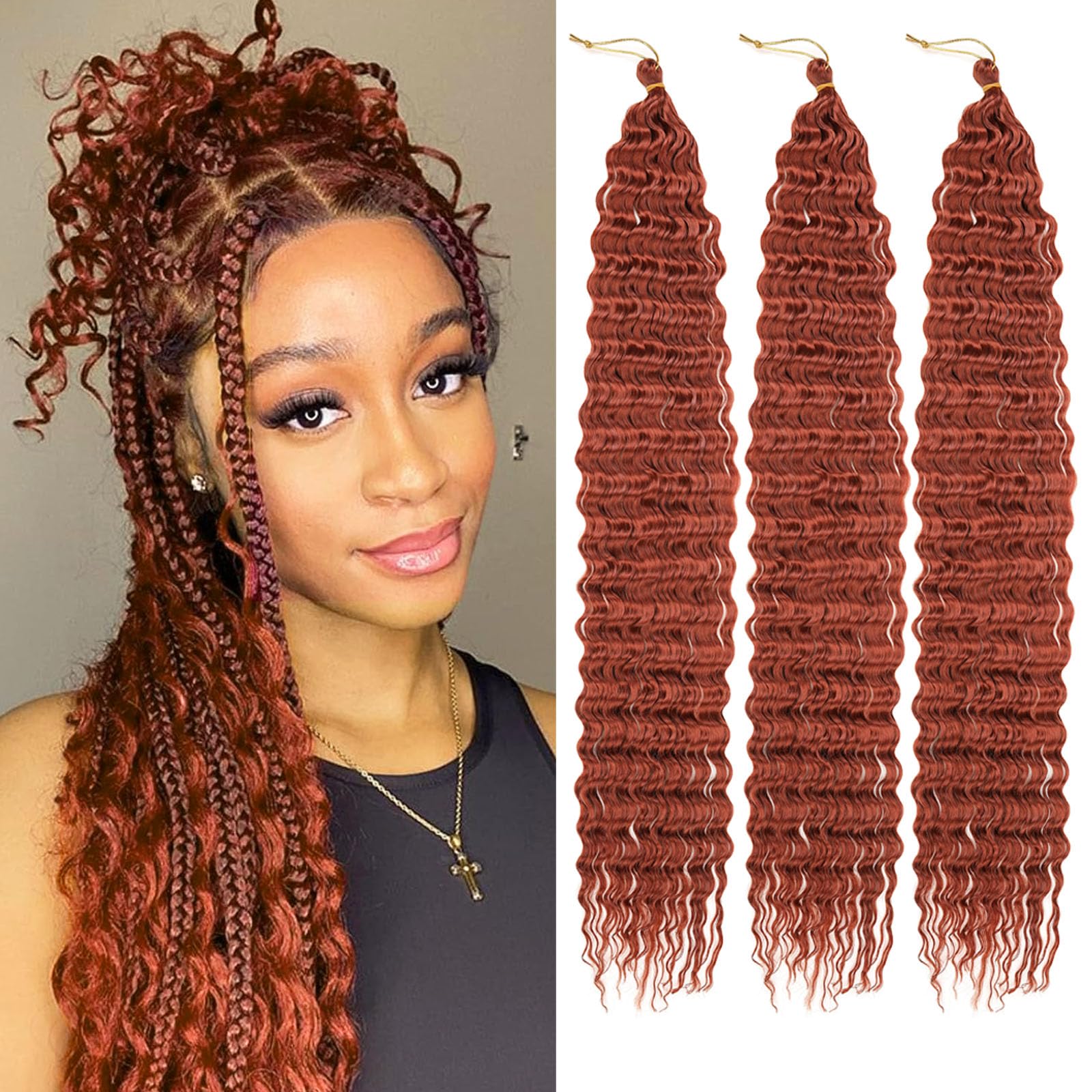 Samtress 24 Inch Ocean Wave Crochet Hair 3 Packs Long Deep Wave Crochet Hair Copper Red Curly Braiding Hair Synthetic Water Wave Bohemian Twist Crochet Braid Hair Extensions (#350) — image 1