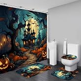 Nkzply 4 Pcs Halloween Shower Curtain Haunted House Bathroom Set with Rugs | Halloween Decorations Spooky Castle Shower Curtain Set Scary Pumpkin Horror Moon Bat Bathroom Decor Toilet Lid Cover Hooks