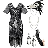 SWEETV YESSA Women's Flapper Dresses 1920s Fringed Sequin Great Gatsby Dress with 20s Accessories -Roaring 20s Costumes