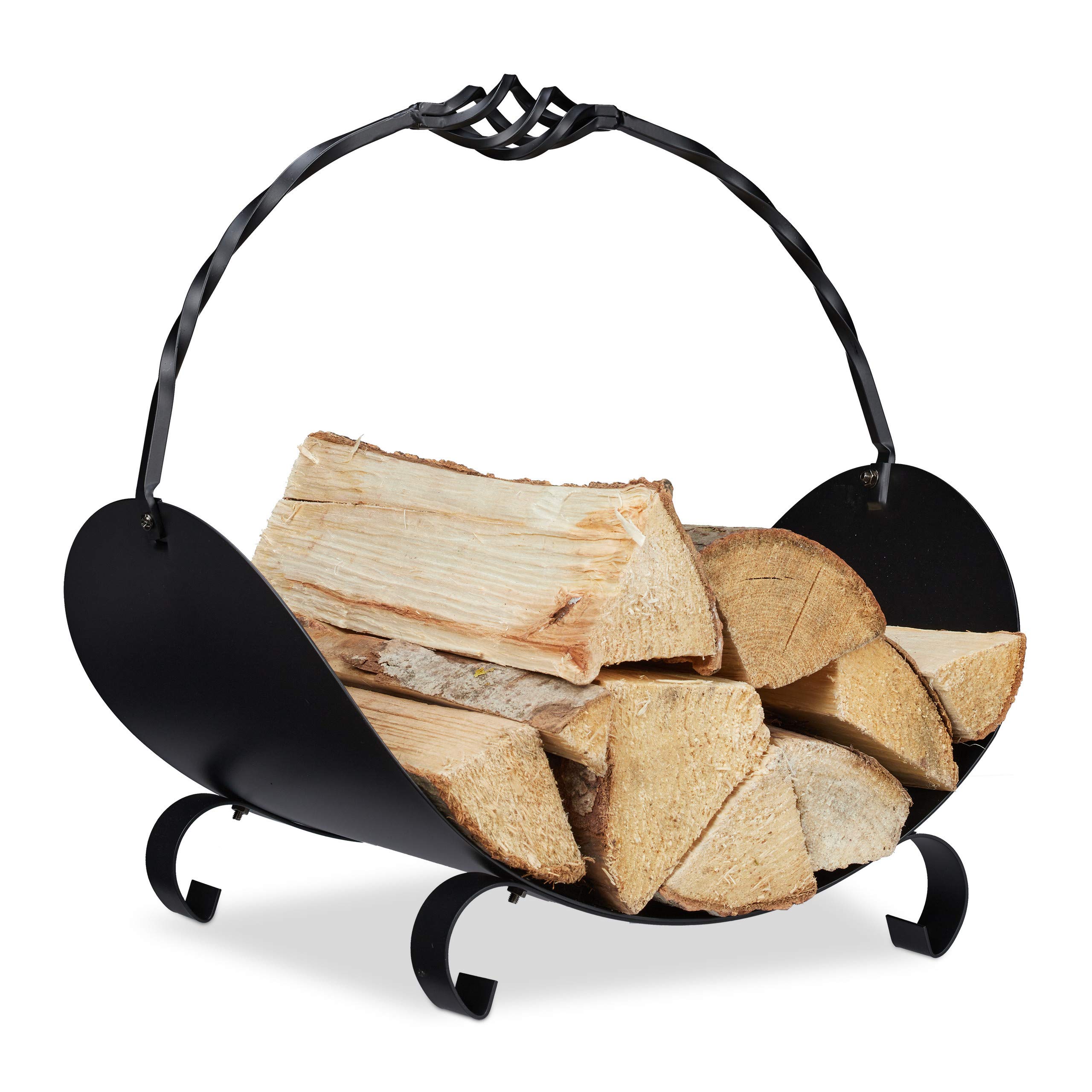 relaxdays Firewood Basket Metal, Elegant Wood Carrier with Handle, Inside, for Fireplace, HWD: 42.5 x 43.5 x 30cm, Black