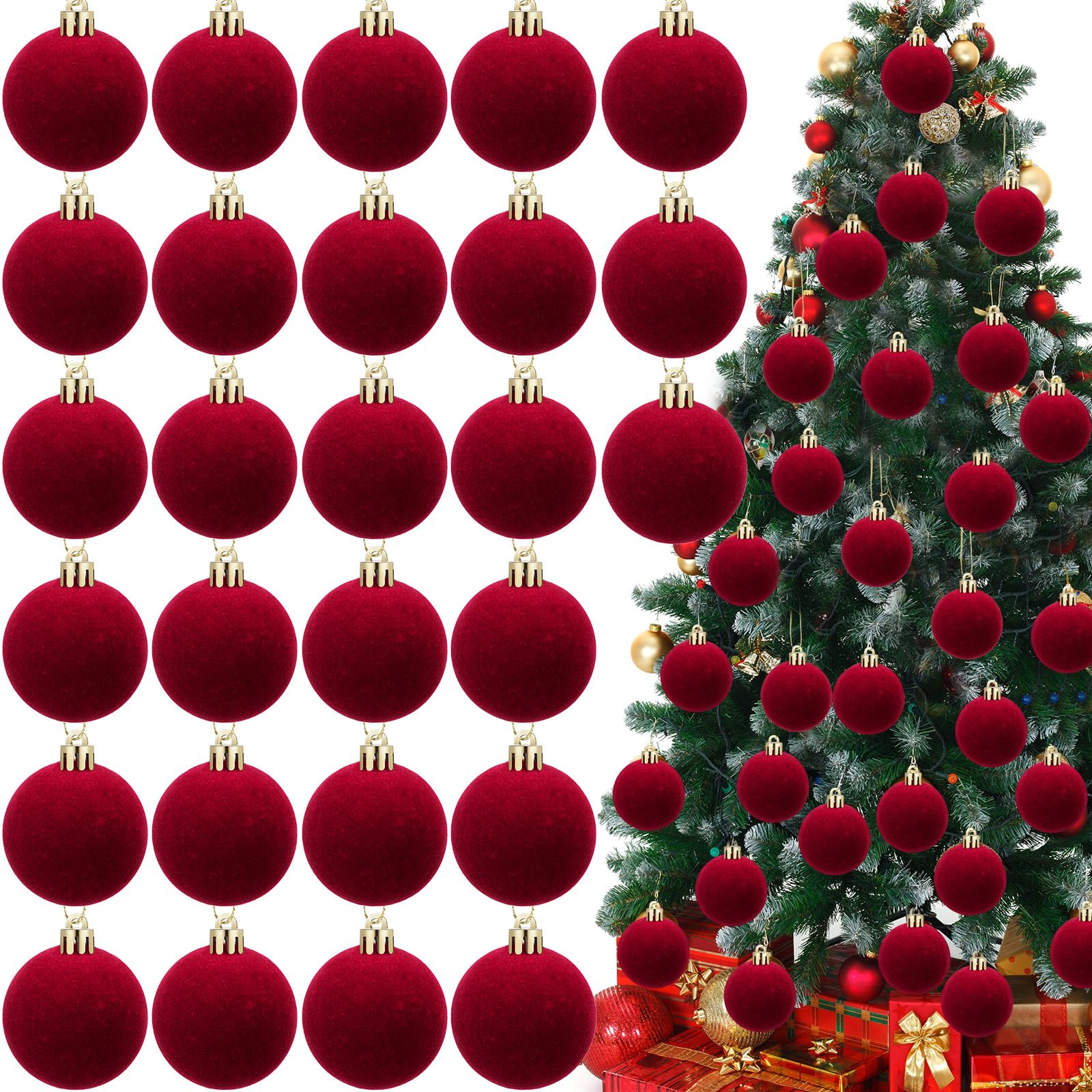 Photo 1 of *CHERRY RED*Menkxi 30 Pcs Christmas Velvet Balls 1.97 Flocked Christmas Hanging Ornaments Handmade Velvet Balls Xmas Tree Ornaments Xmas Tree Bulbs for Wedding Anniversary Party (Red)