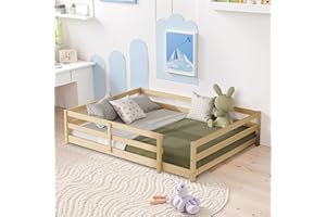 Lyngins Full Size Floor Bed for Kids Montessori Bed Frame with Fence Floor Bedframe Full Beds for Boys, Girls, No Slats Included, Natural