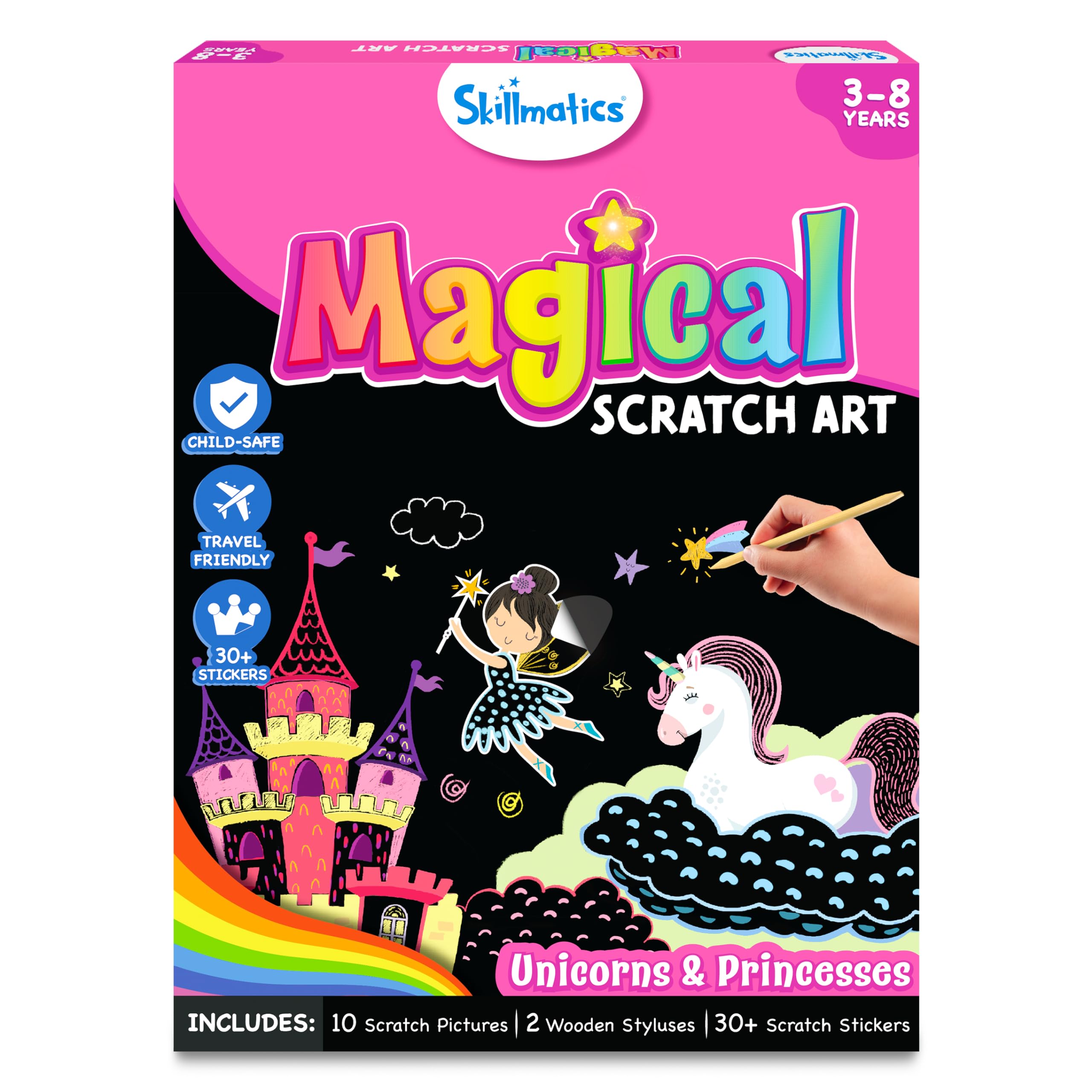 Skillmatics Scratch Art Book for Kids - Unicorns & Princesses, Easter Basket Stuffers, Craft Kits & Supplies, 30+ Scratch Stickers, Travel Toys, DIY Kit, Gifts for Girls & Boys Ages 3, 4, 5, 6, 7, 8