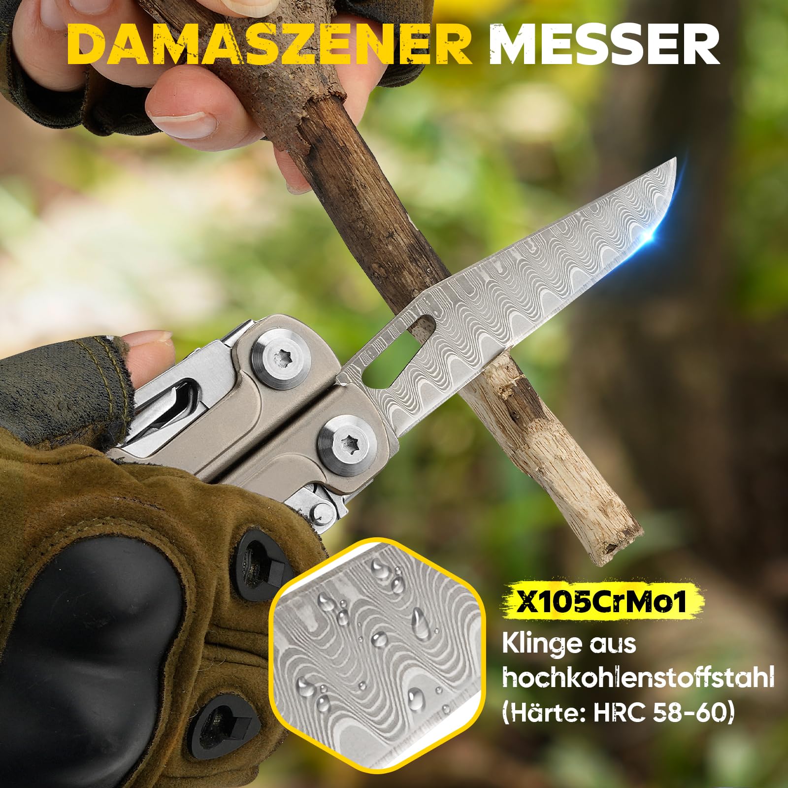BIBURY Multitool Titan & Damast Messer - Multifunktionswerkzeug mit Zange, Schere, austauschbarer Säge & Bits - Profi EDC Taschenmesser Geschenke für Männer, Reparieren, Camping Zubehör BI2049TI 5