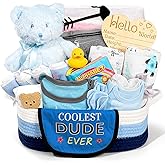 iAOVUEBY Baby Gift Set for Newborn, New Baby Boy Gift Basket, Newborn Essentials Hat Onesie Bear Toys Keepsake Blanket Infant Diaper Changing Pad Bibs, Baby Shower Gifts for Boys
